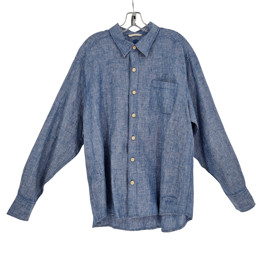 Tommy Bahama Linen LS Button Up Shirt XL‎ Chambray Blue Coastal Beach Resort